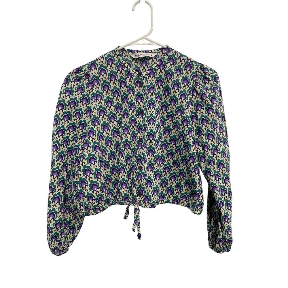 Zara Blouse Size XS Floral Long Sleeve Button Front Tie Waist Cotton Bohemian